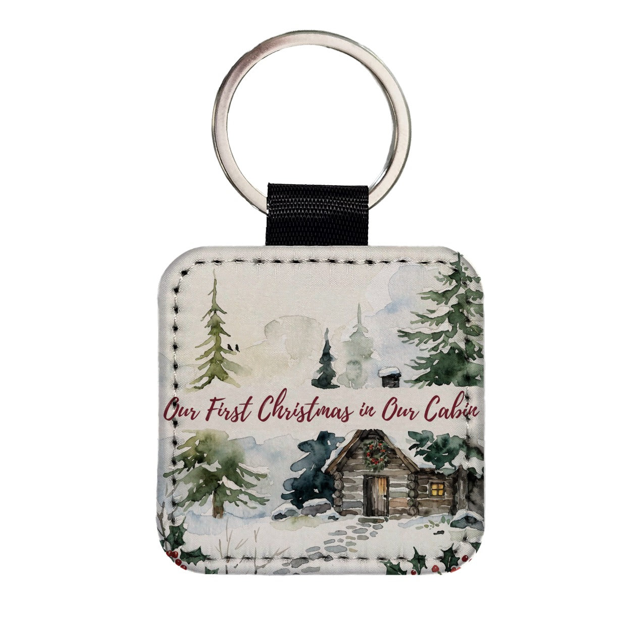 First Christmas In Our Cabin Script Square Faux Leather Keychain