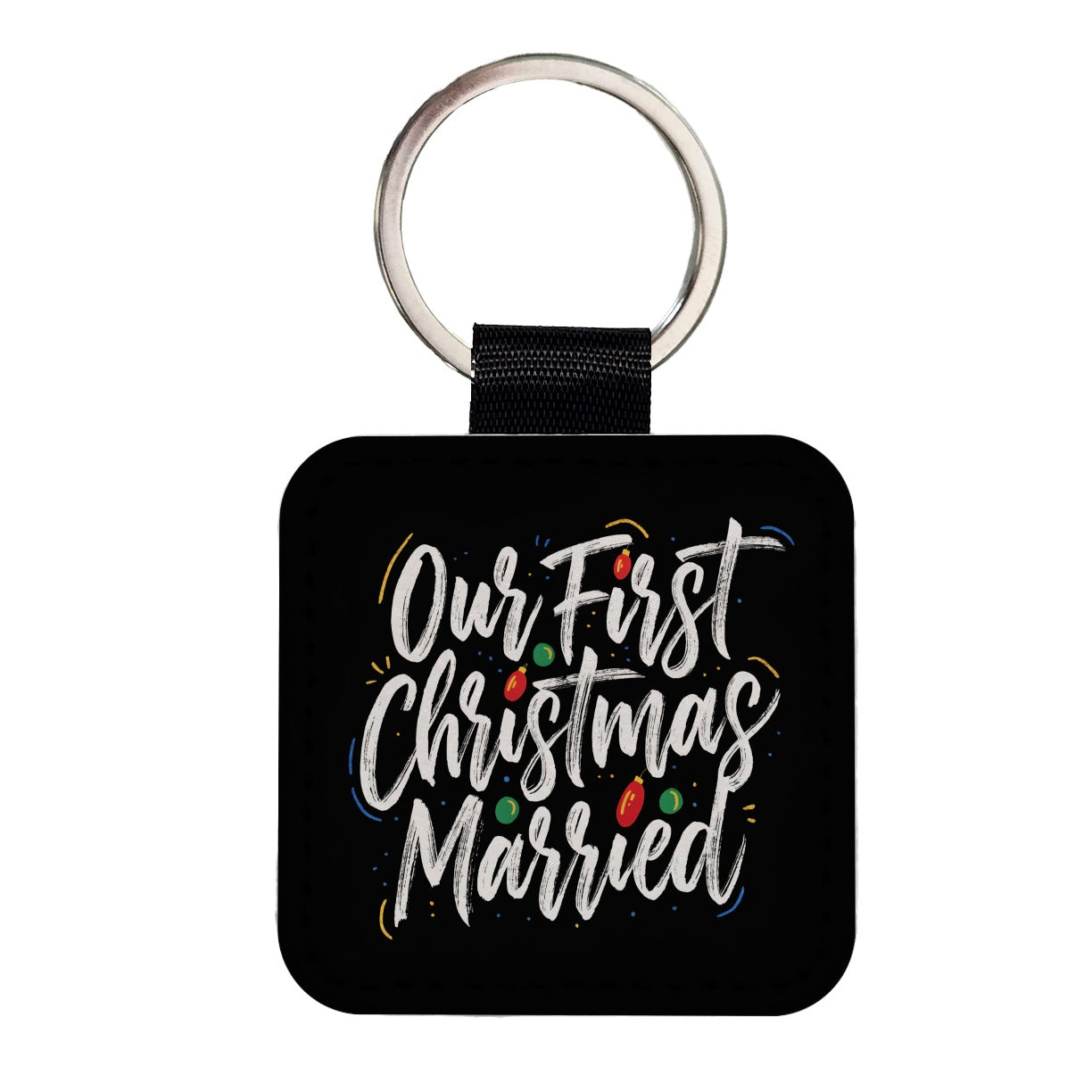 First Christmas Married On Black Square Faux Leather Keychain