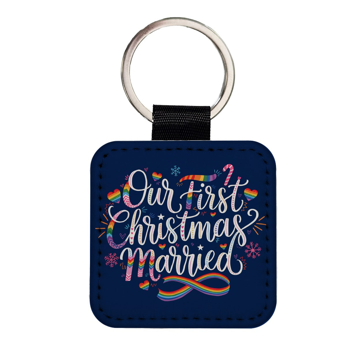 First Christmas Married Pride LGBTQ Square Faux Leather Keychain