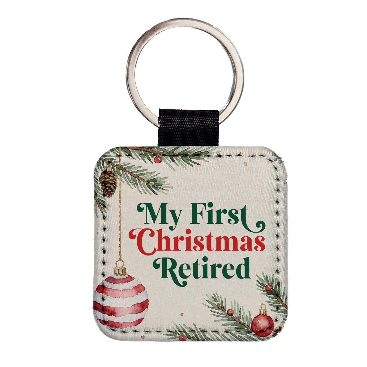 First Christmas Retired Red Green Square Faux Leather Keychain