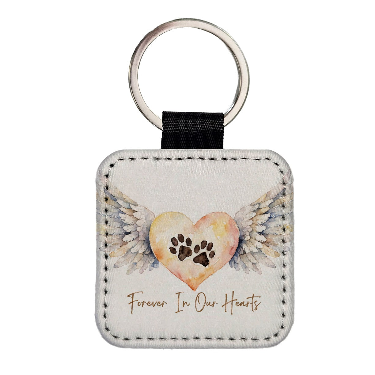 Forever In Our Hearts Dog Cag Angel Wings Square Faux Leather Keychain