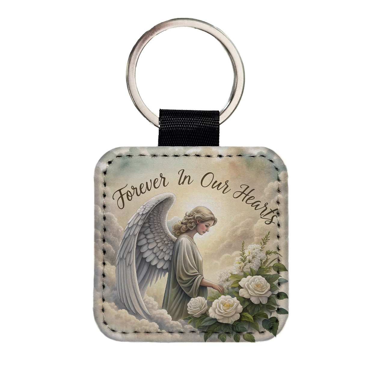 Forever In Our Hearts Elegant Angel Square Faux Leather Keychain