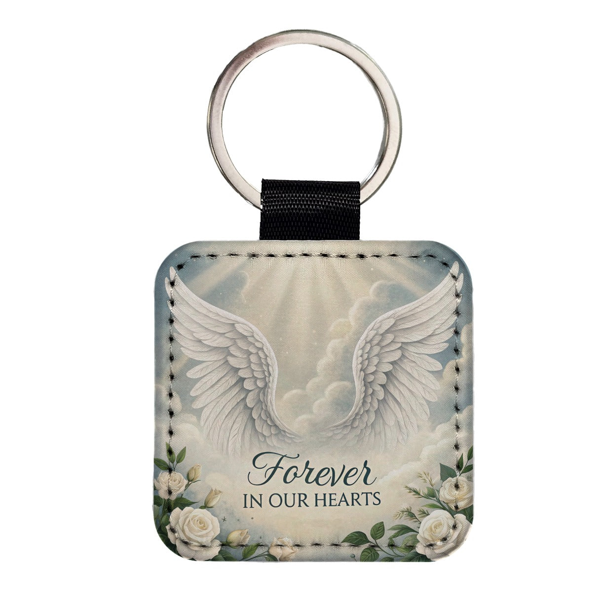 Forever In Our Hearts Angel Wings Heaven Square Faux Leather Keychain