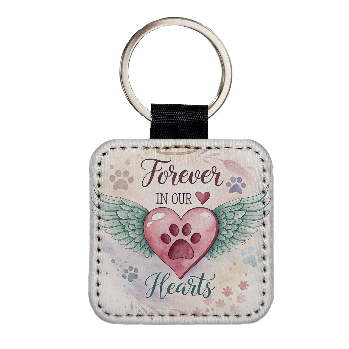 Forever In Our Hearts Paw Prints Dog Cat Square Faux Leather Keychain