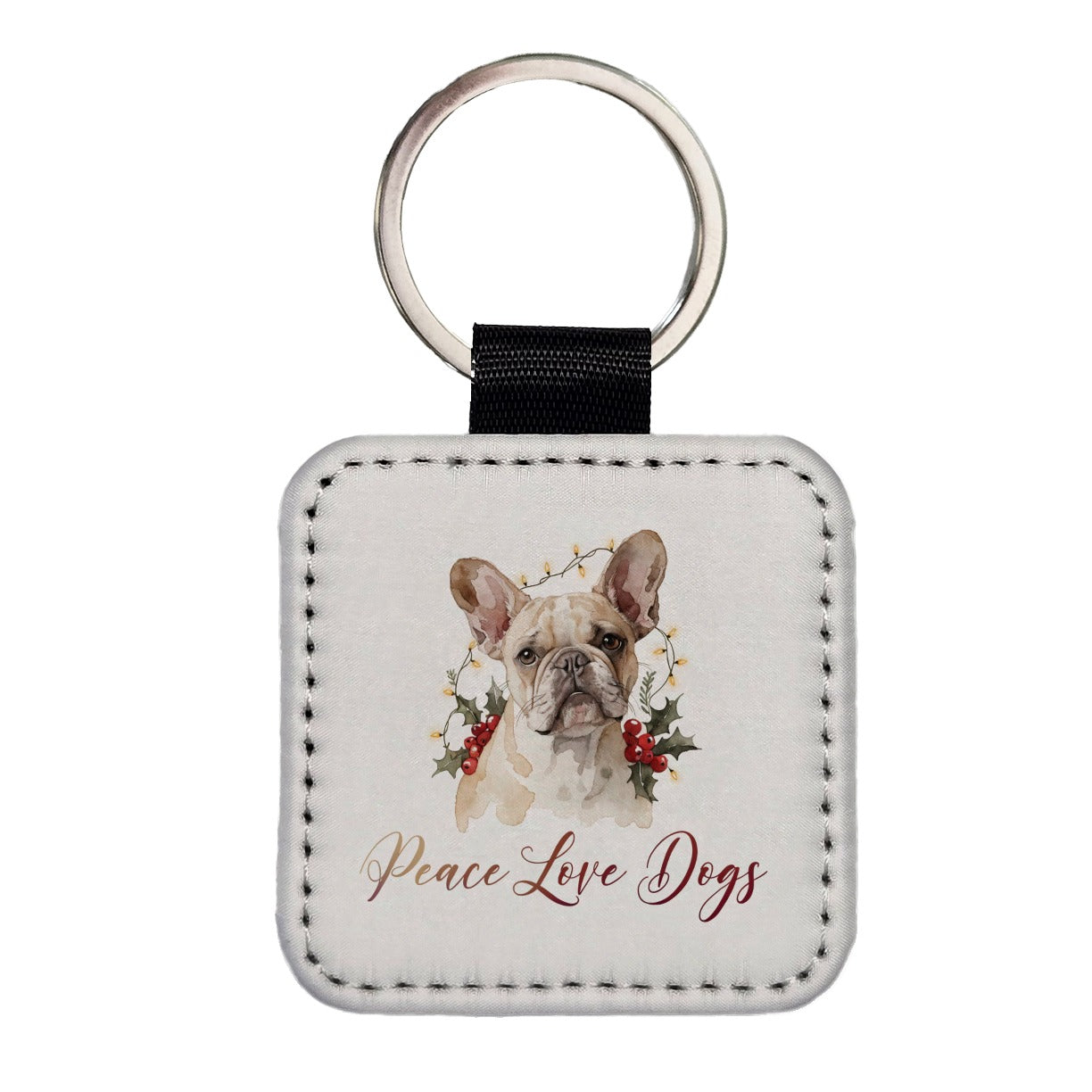French Bulldog Christmas Peace Love Dogs Square Faux Leather Keychain