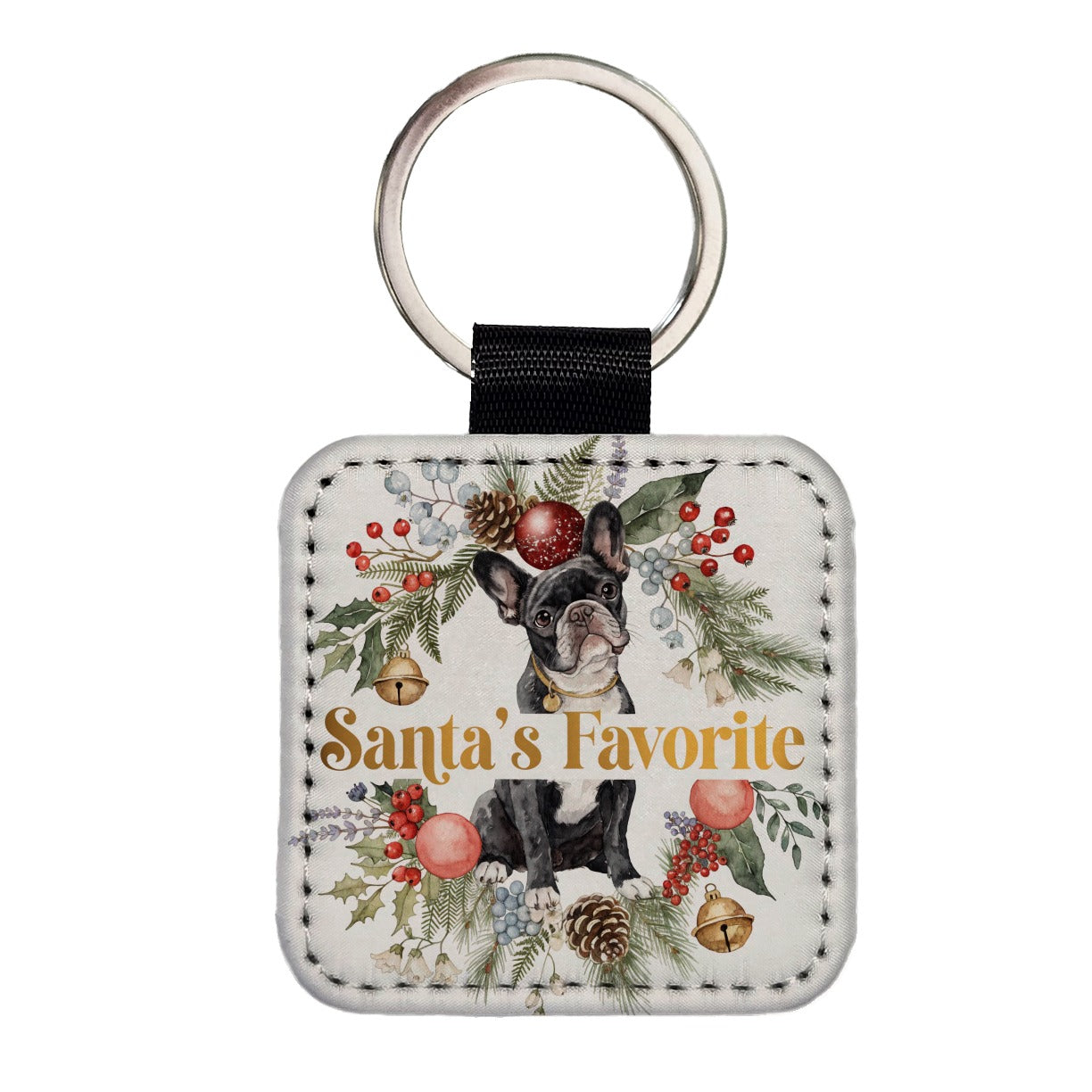 French Bulldog Dog Christmas Santa's Favorite Square Faux Leather Keychain