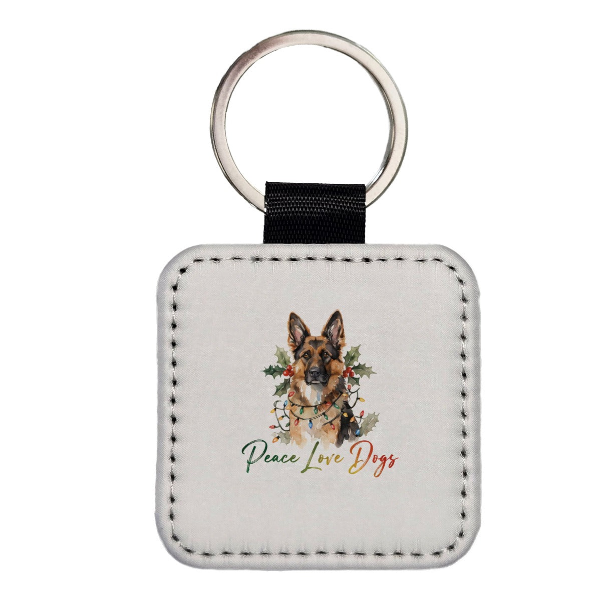 German Shepherd Christmas Peace Love Dogs Square Faux Leather Keychain