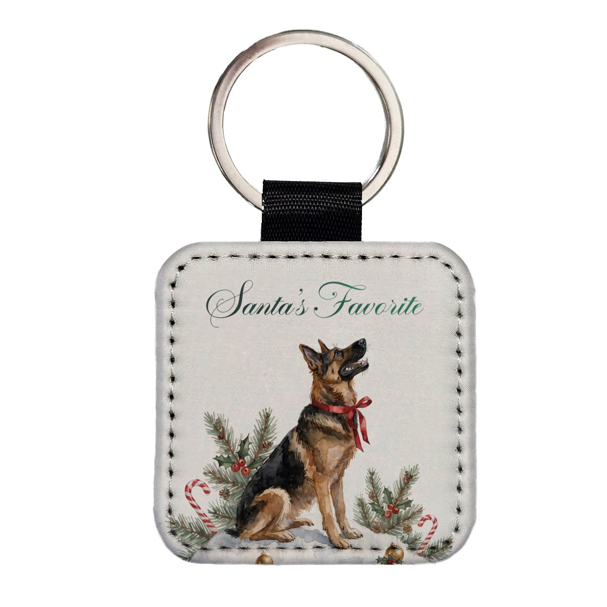 German Shepherd Dog Christmas Santa's Favorite Square Faux Leather Keychain