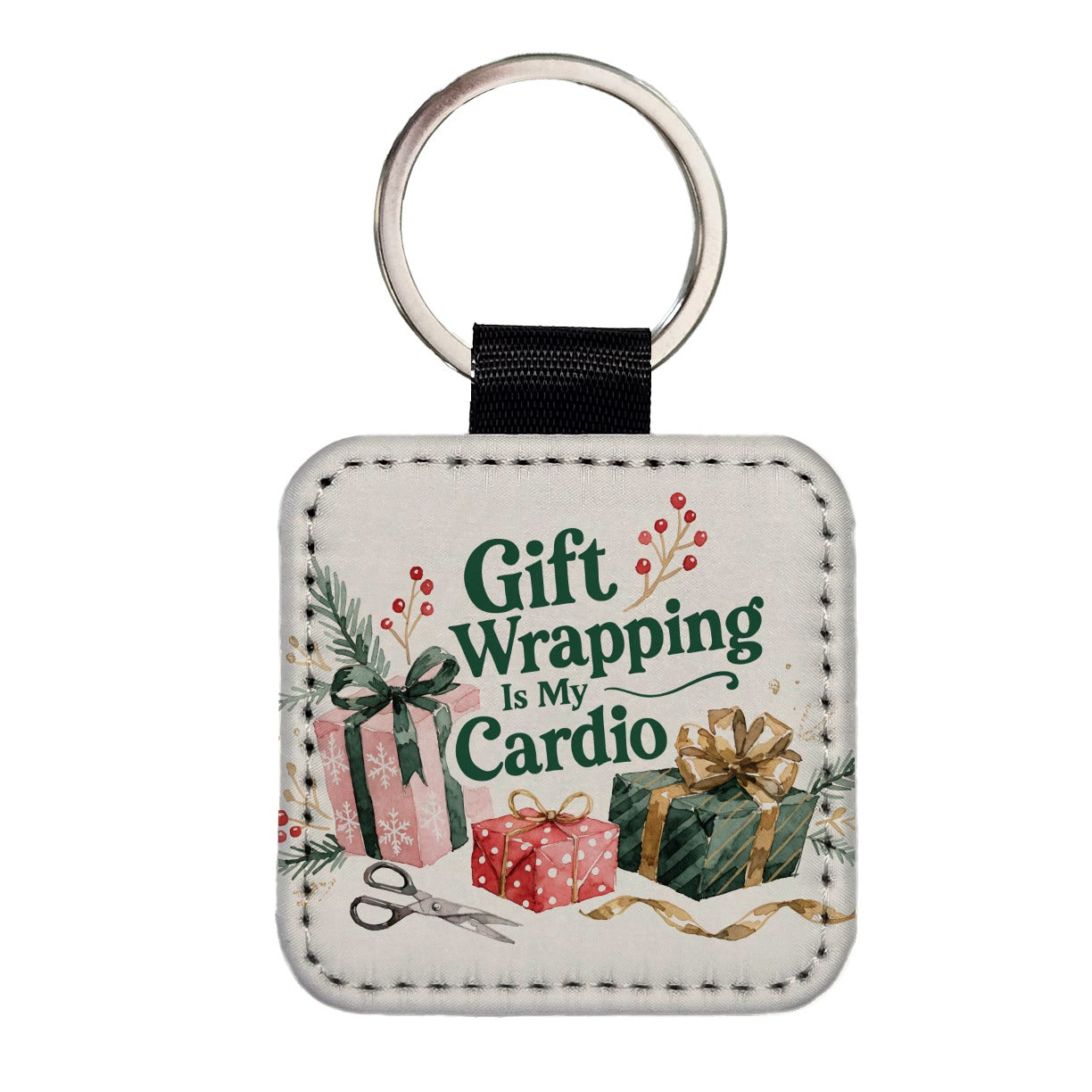 Gift Wrapping Is My Cardio Christmas Funny Square Faux Leather Keychain