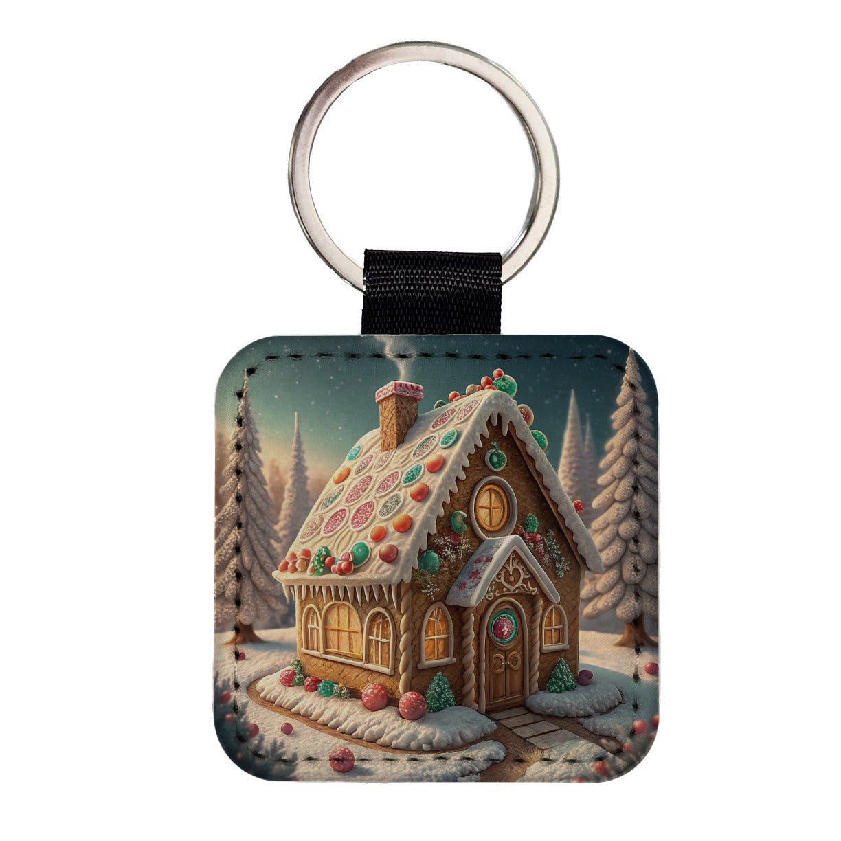 Gingerbread House Christmas Square Faux Leather Keychain
