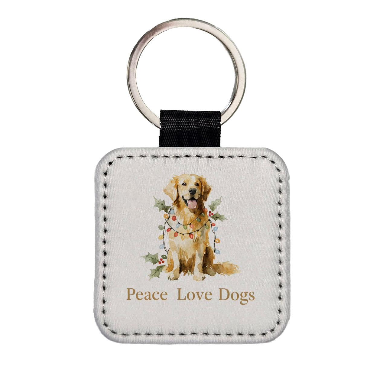 Golden Retriever Christmas Peace Love Dogs Square Faux Leather Keychain