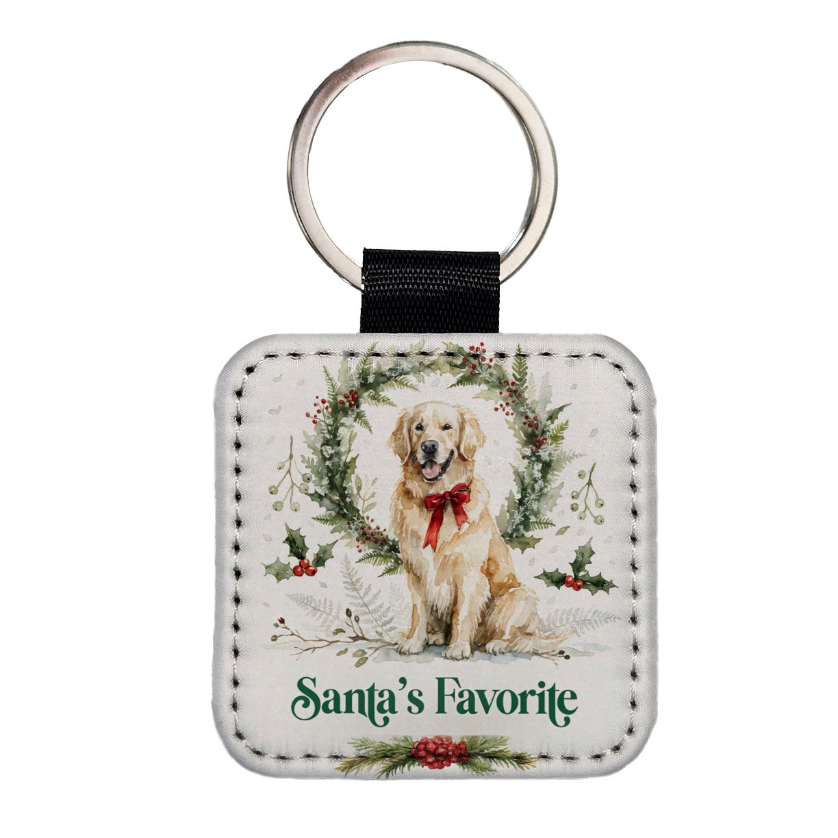 Golden Retriever Dog Christmas Santa's Favorite Square Faux Leather Keychain