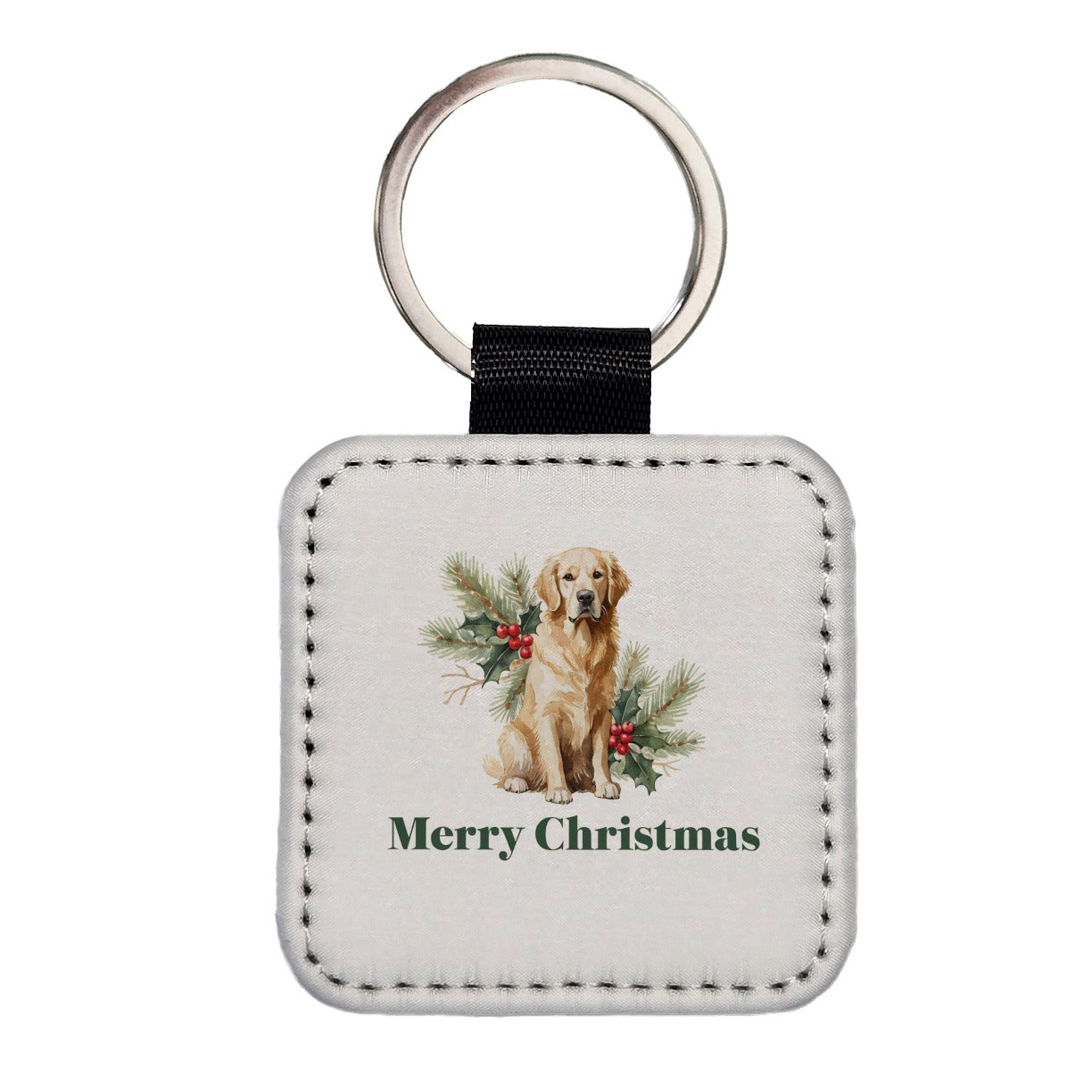 Golden Retriever Dog Merry Christmas Square Faux Leather Keychain