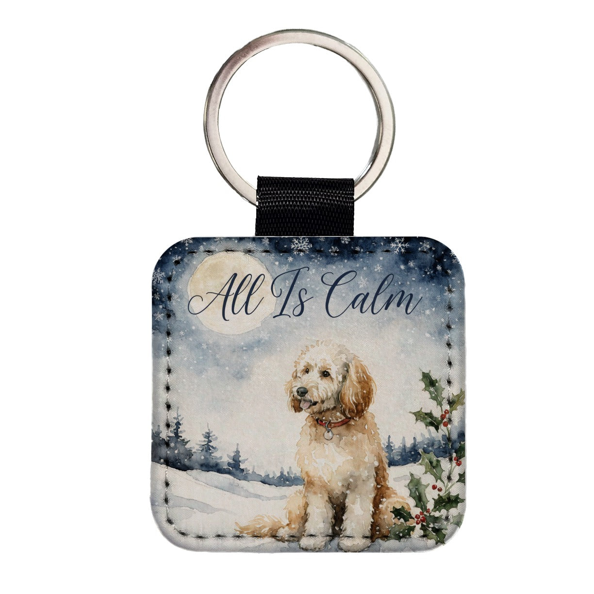 Goldendoodle Dog All Is Calm Christmas Square Faux Leather Keychain