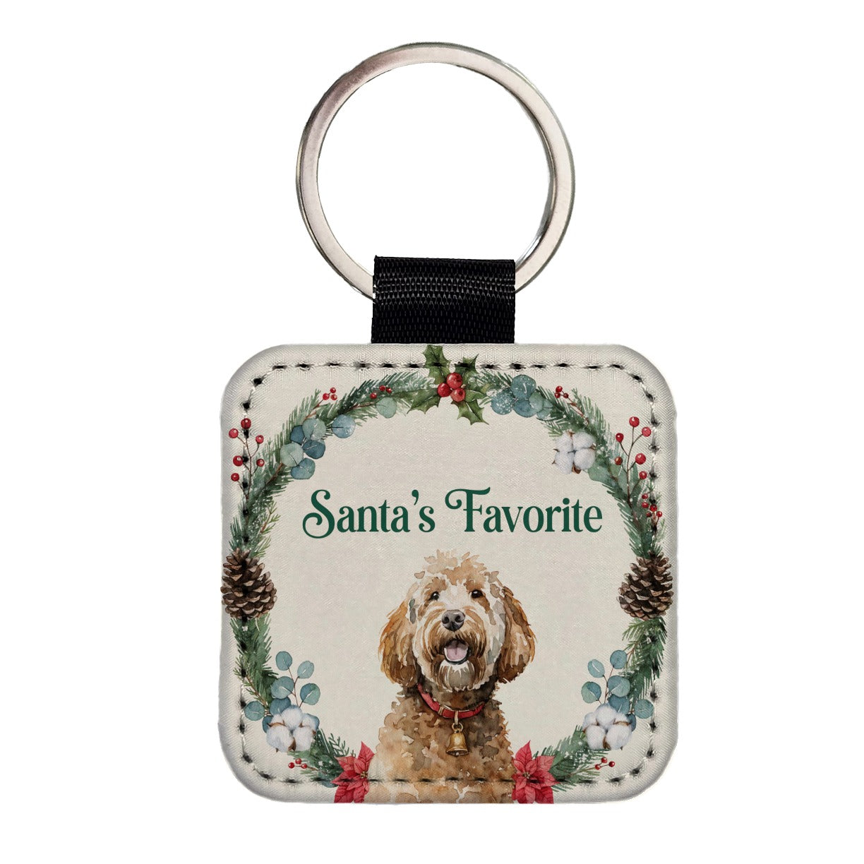 Goldendoodle Dog Christmas Santa's Favorite Square Faux Leather Keychain