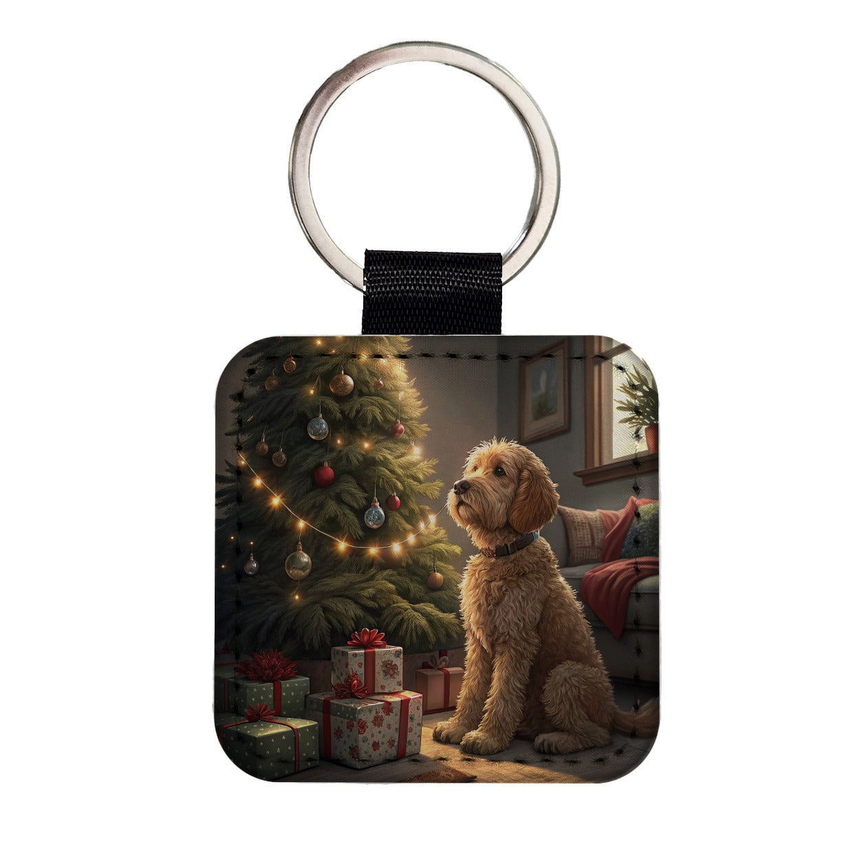 Goldendoodle Sitting Christmas Square Faux Leather Keychain