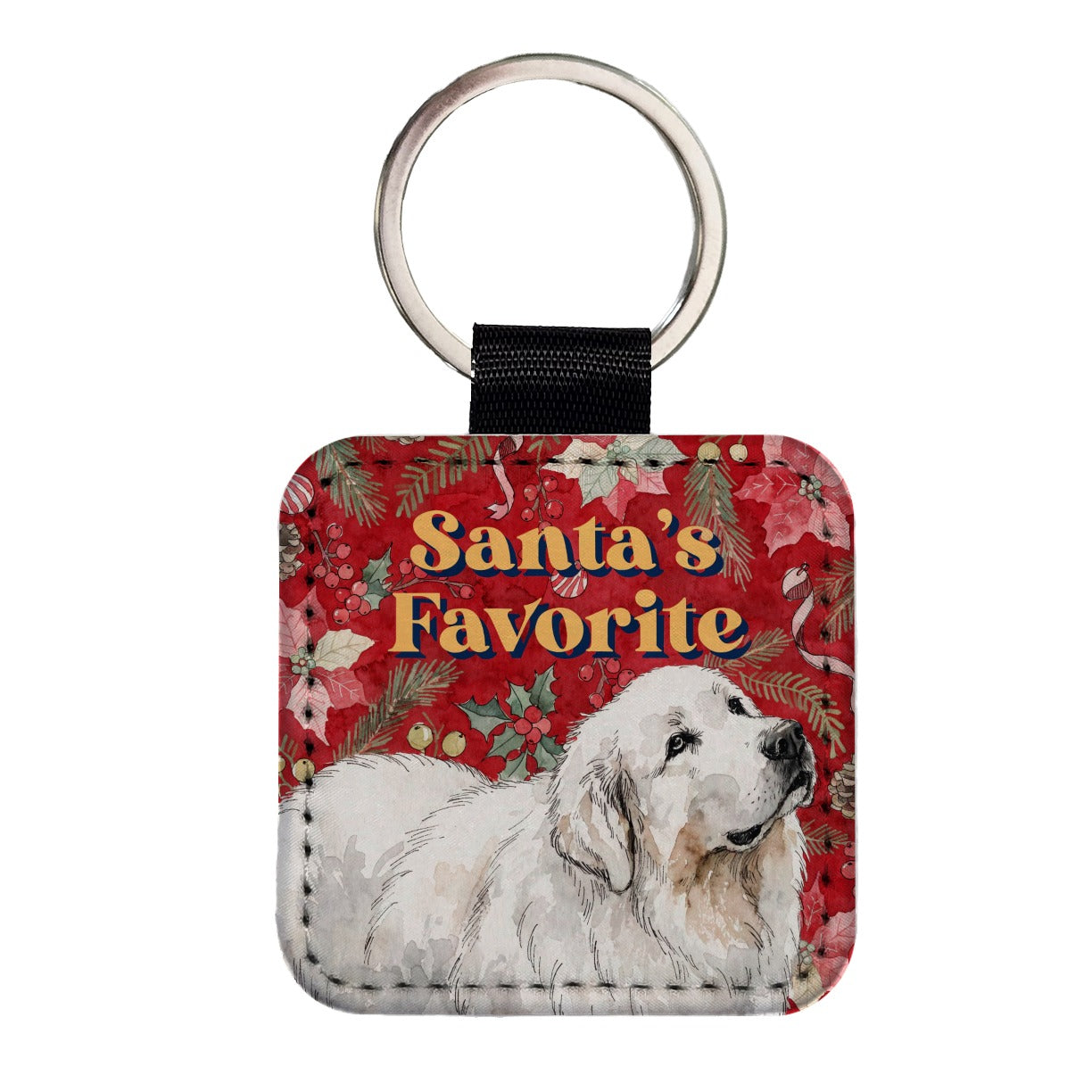 Great Pyrenees Dog Christmas Santa's Favorite Square Faux Leather Keychain