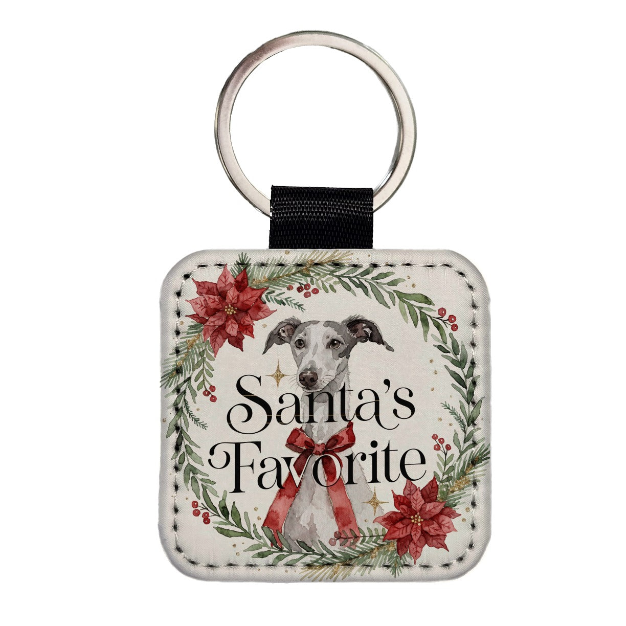 Greyhound Dog Christmas Santa's Favorite Square Faux Leather Keychain