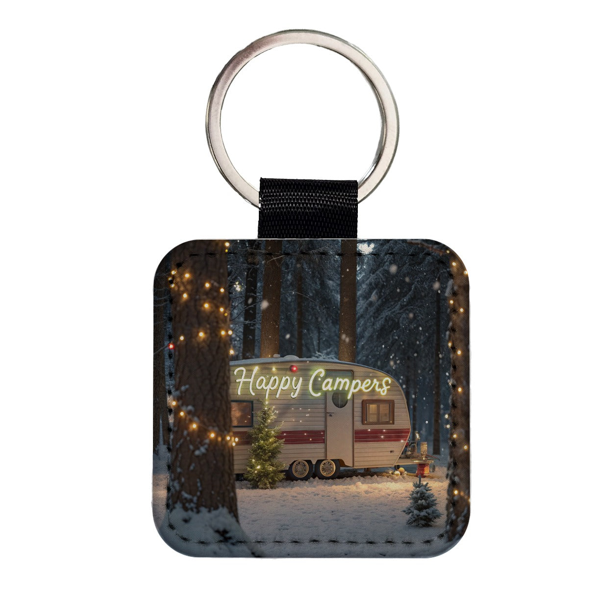 Happy Camper RV Vintage Christmas Square Faux Leather Keychain