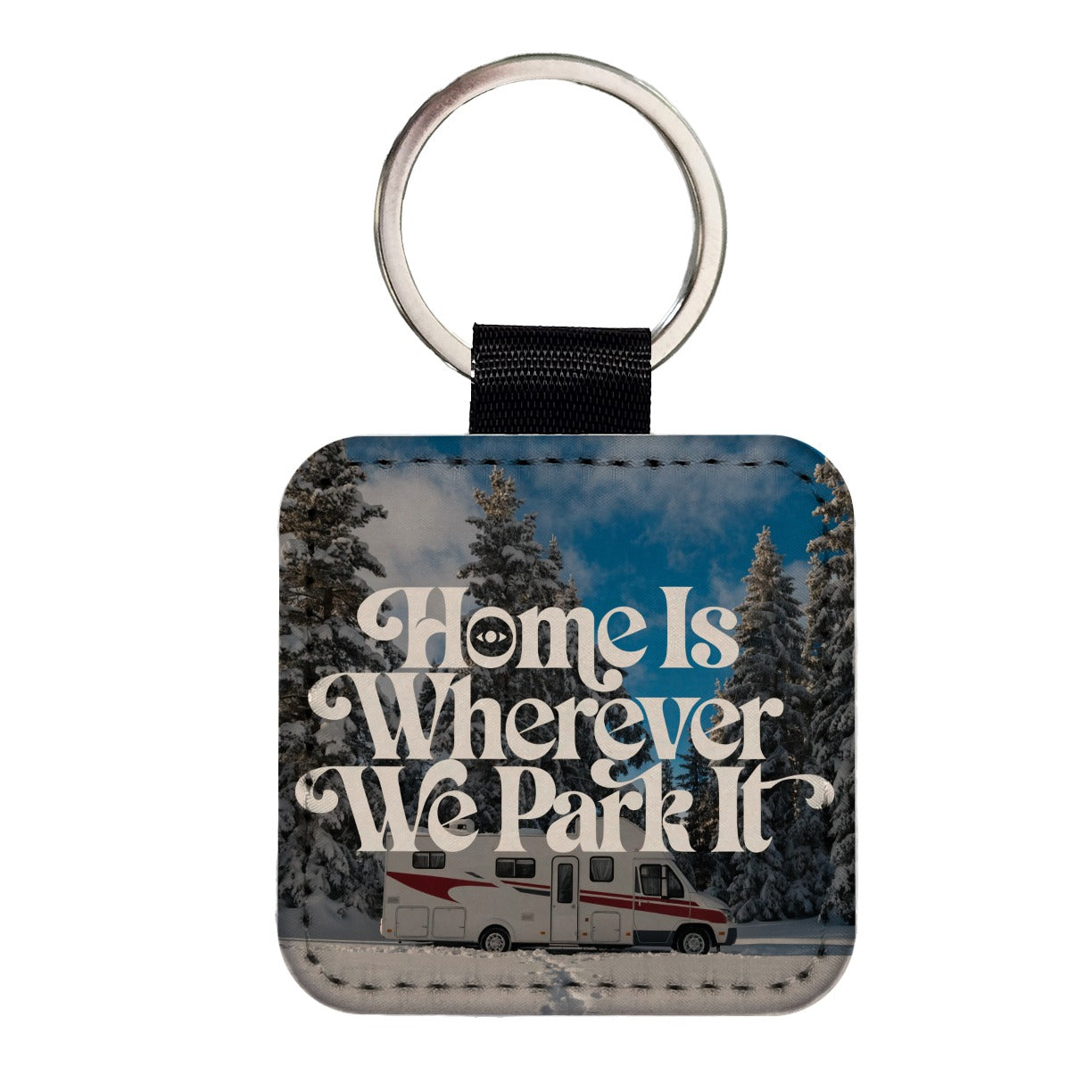 Home Wherever Park It RV Camper Funny Winter Square Faux Leather Keychain