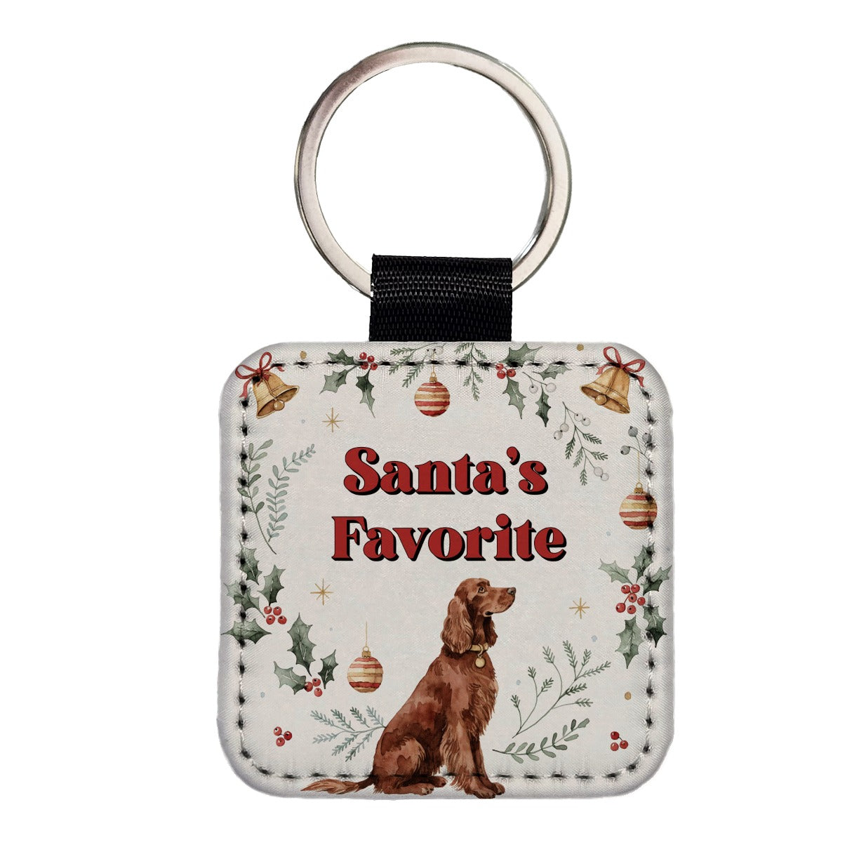 Irish Setter Dog Christmas Santa's Favorite Square Faux Leather Keychain