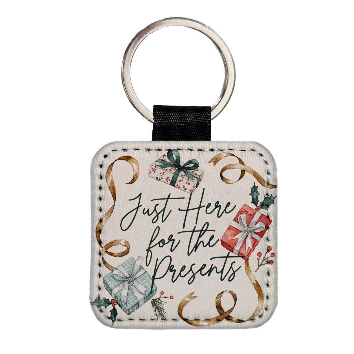 Just Here For Presents Christmas Xmas Funny Square Faux Leather Keychain