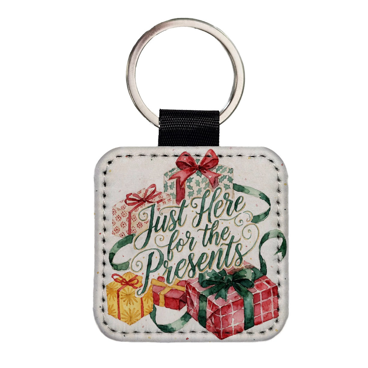 Just Here For The Presents Christmas Funny Square Faux Leather Keychain