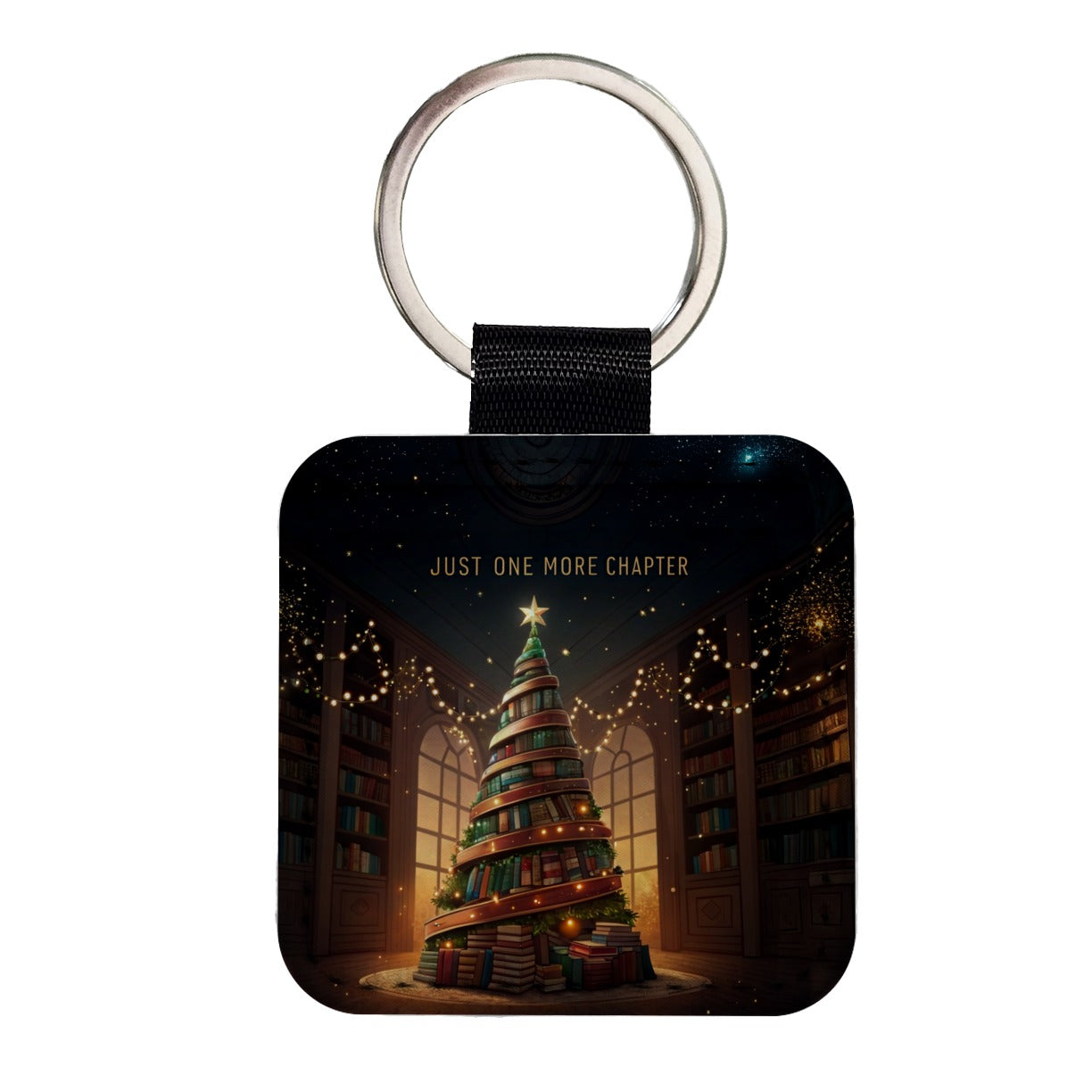 Just One More Chapter Christmas Books Reader Square Faux Leather Keychain