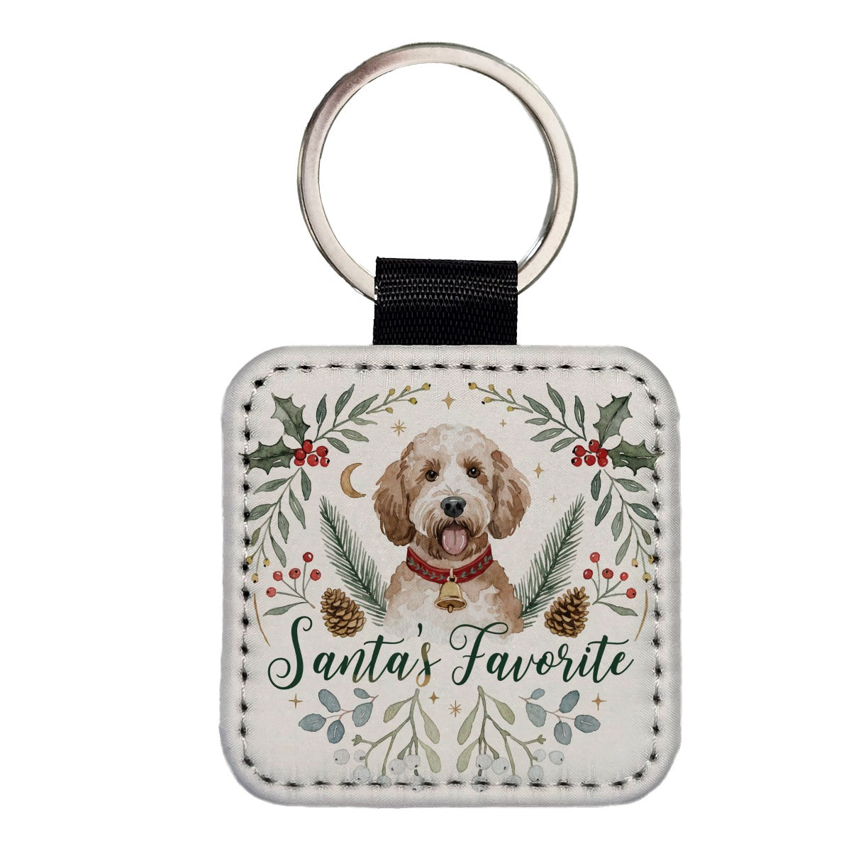 Labradoodle Dog Christmas Santa's Favorite Square Faux Leather Keychain