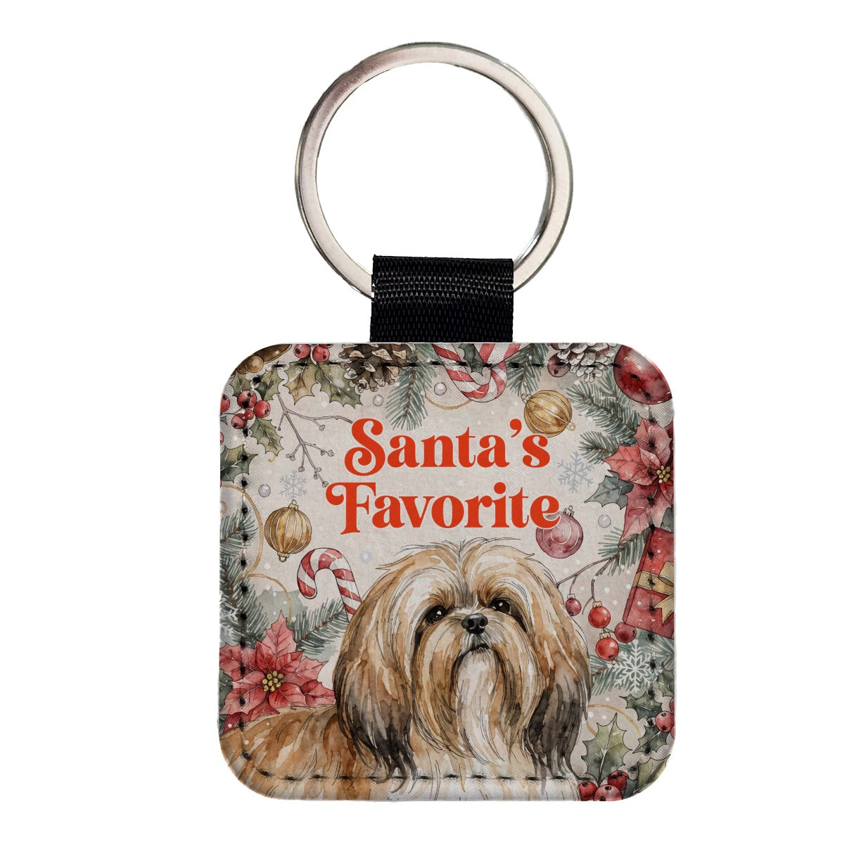 Lhasa Apso Dog Christmas Santa's Favorite Square Faux Leather Keychain