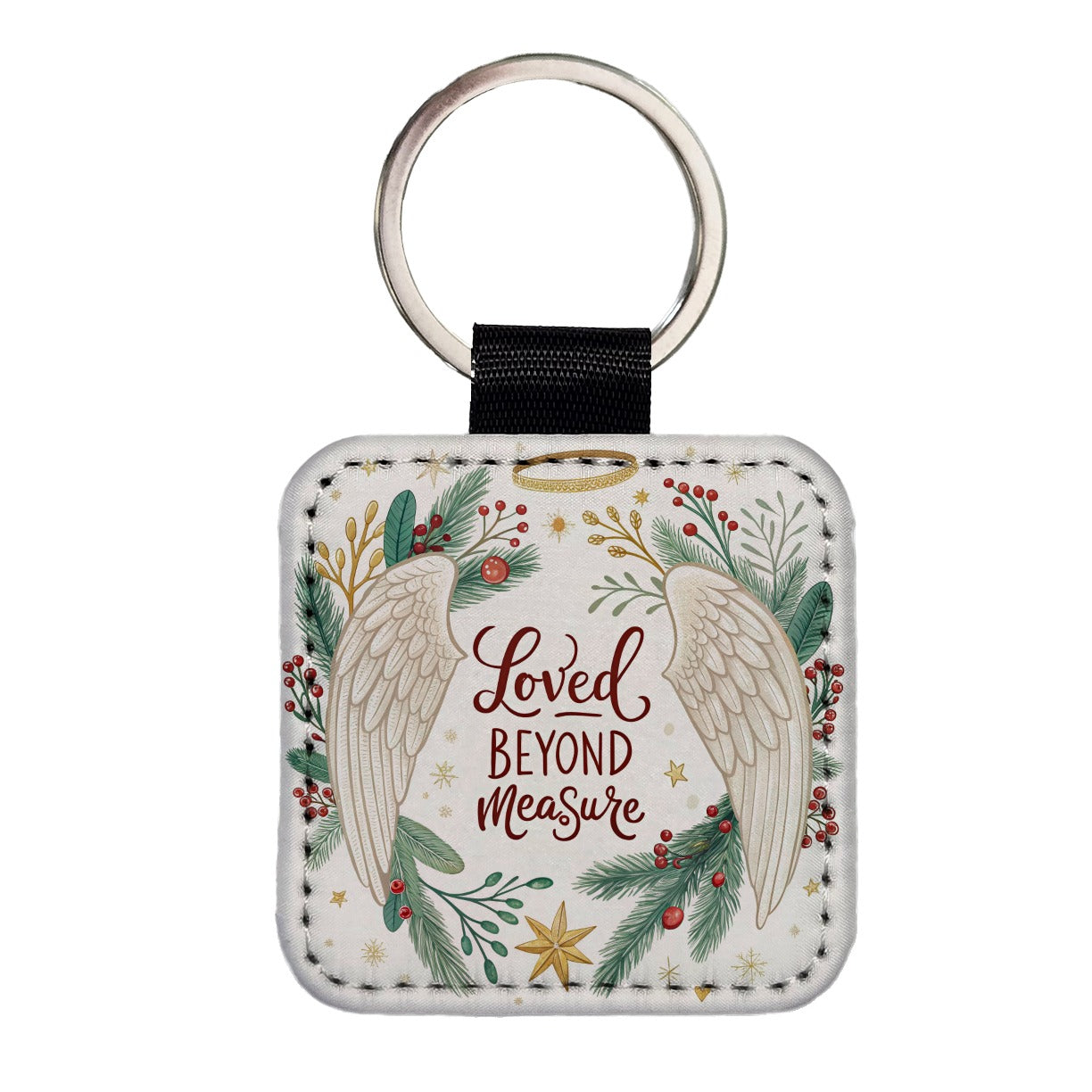 Loved Beyond Measure Christmas Angel Wings Halo Square Faux Leather Keychain