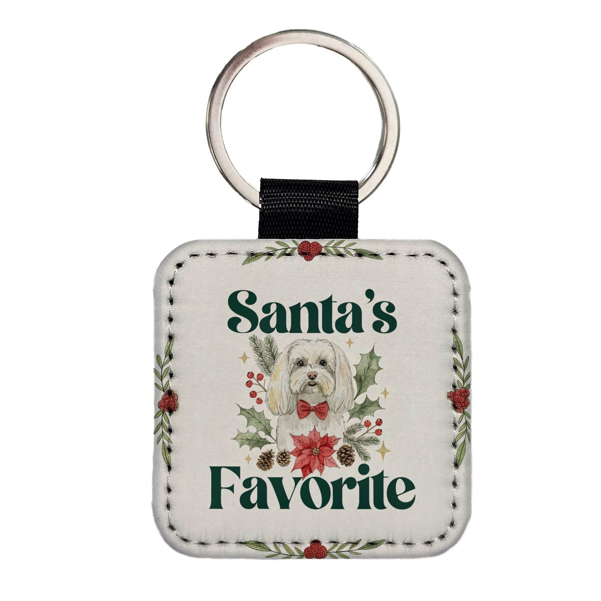 Maltese Dog Christmas Santa's Favorite Square Faux Leather Keychain