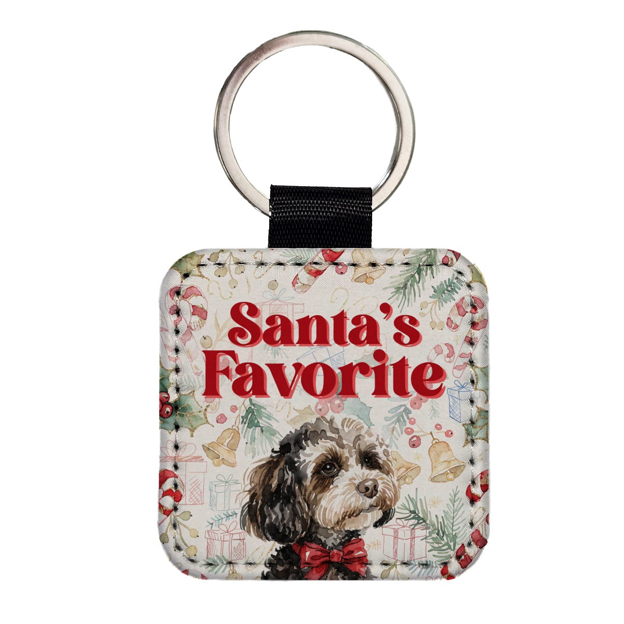 Maltipoo Dog Christmas Santa's Favorite Square Faux Leather Keychain