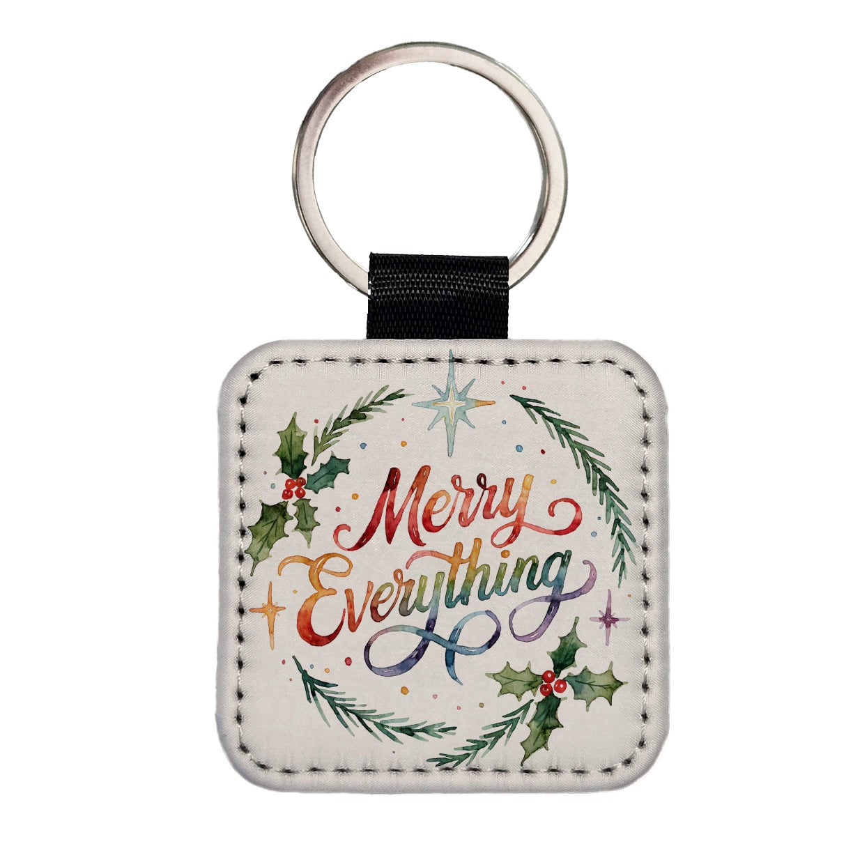 Merry Everything Christmas Colorful Square Faux Leather Keychain