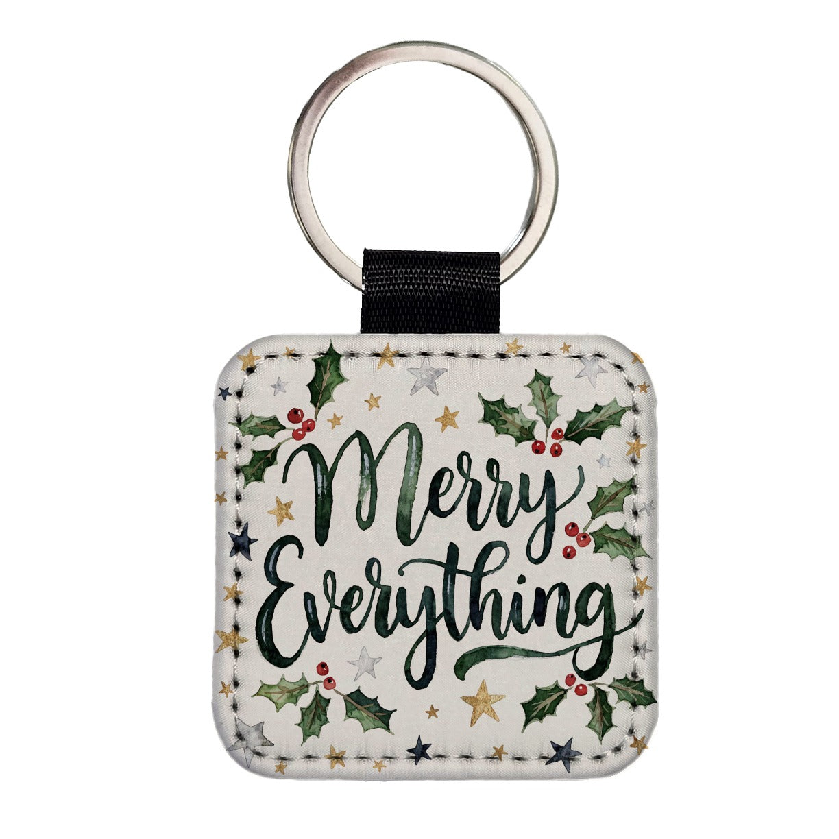 Merry Everything Christmas Green Square Faux Leather Keychain