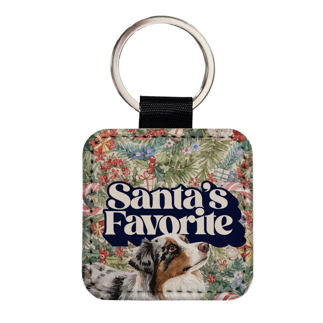 Miniature Australian Shepherd Mini Aussie Dog Christmas Santa's Favorite Square Faux Leather Keychain