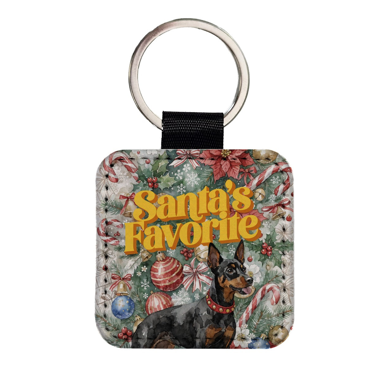 Miniature Pinscher Dog Christmas Santa's Favorite Square Faux Leather Keychain