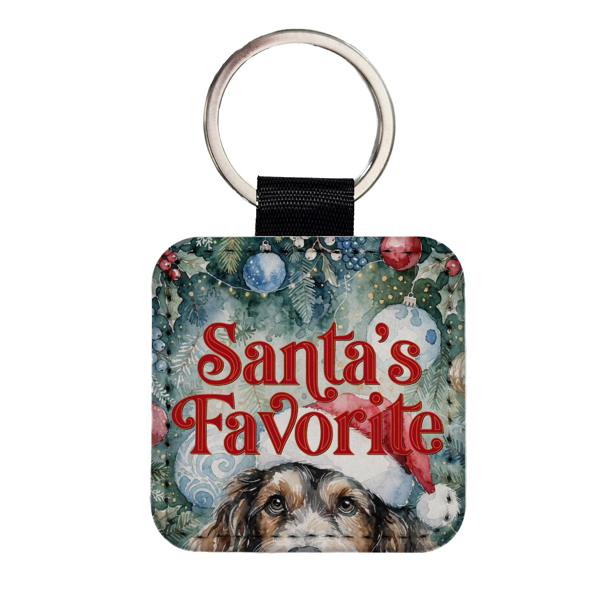 Mixed Breed Dog Christmas Santa's Favorite Square Faux Leather Keychain