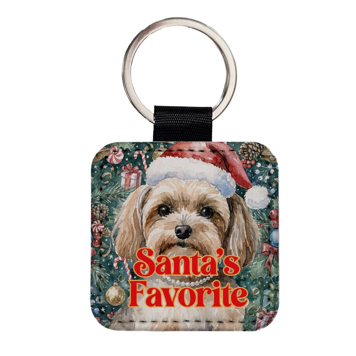 Morkie Dog Christmas Santa's Favorite Square Faux Leather Keychain
