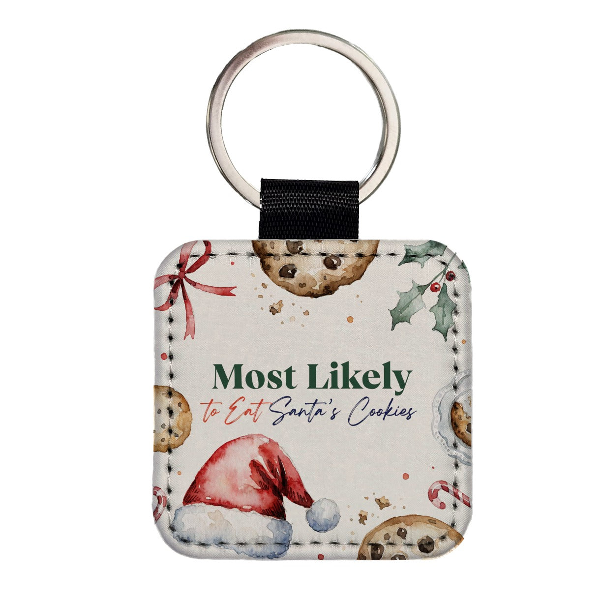 Most Likely To Eat Santa's Cookies Christmas Funny Square Faux Leather Keychain