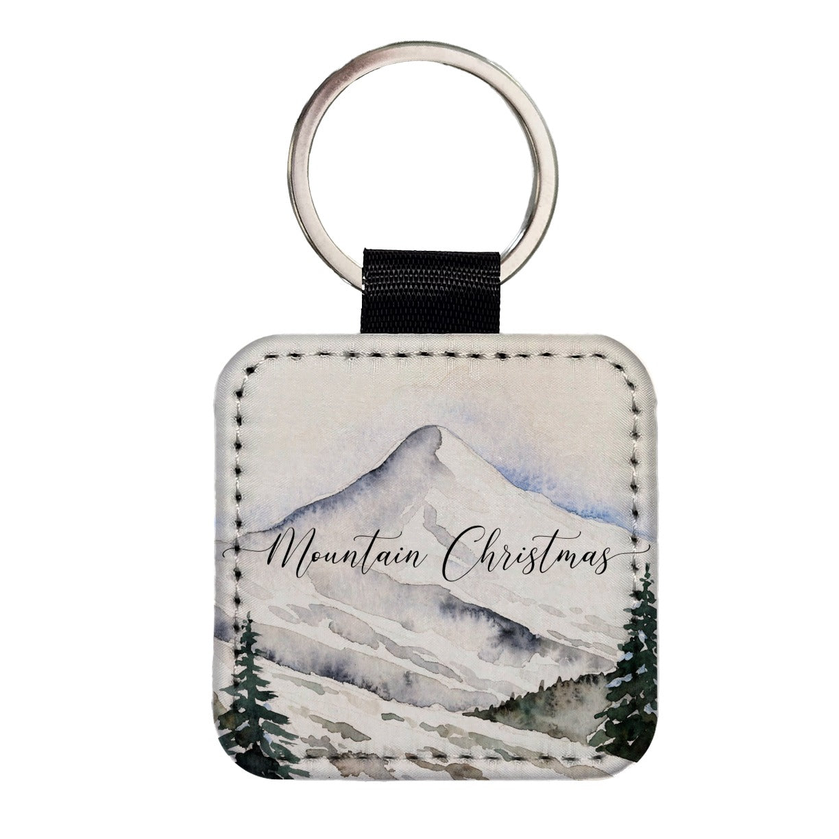 Mountain Christmas Simple Square Faux Leather Keychain
