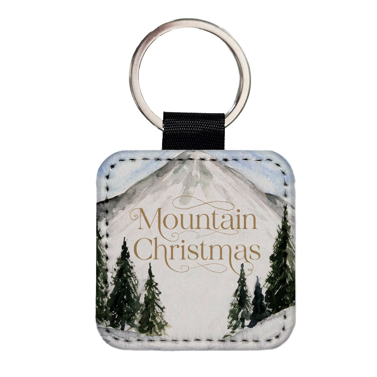 Mountain Christmas Square Faux Leather Keychain
