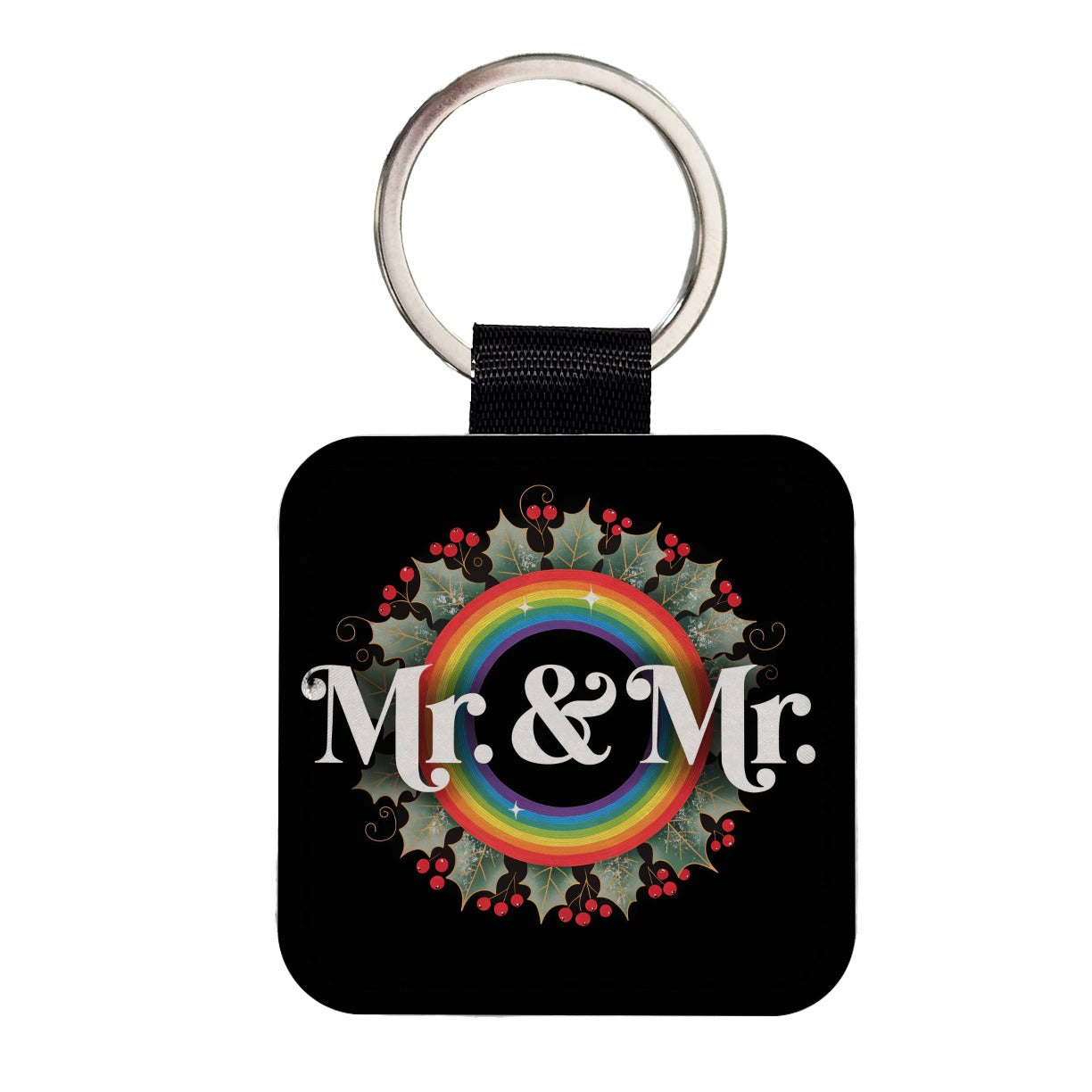Mr and Mr Pride Gay Rainbow Christmas Wreath Square Faux Leather Keychain