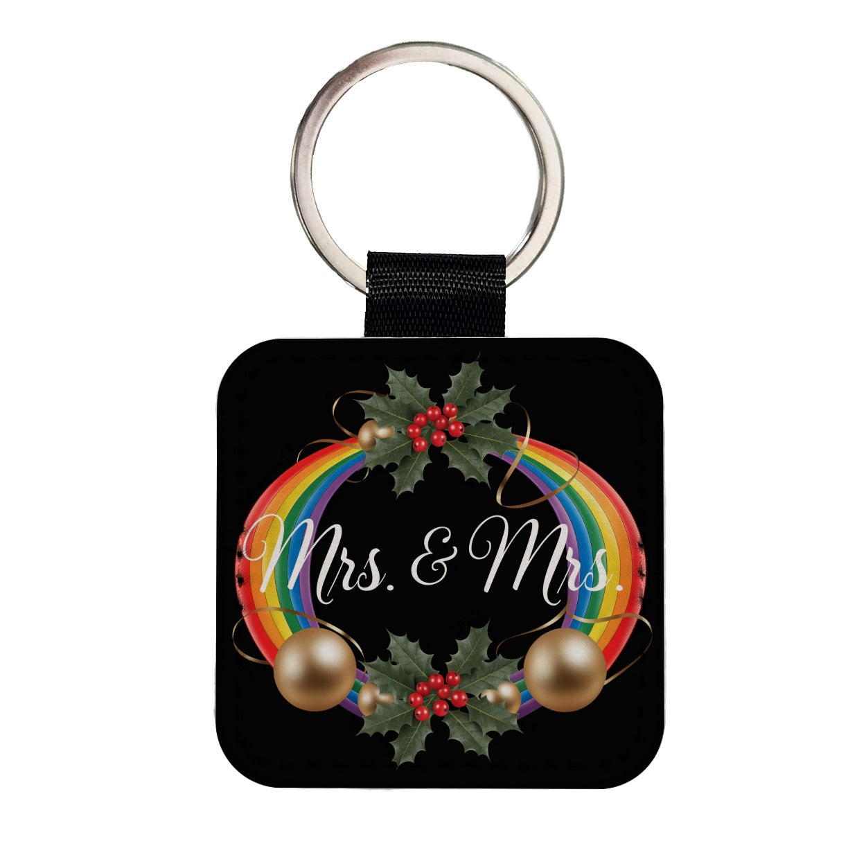 Mrs and Mrs Pride Gay Lesbian Rainbow Christmas On Black Square Faux Leather Keychain