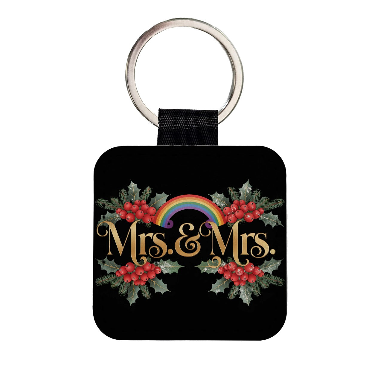 Mrs and Mrs Pride Lesbian LGBTQ Rainbow Christmas Square Faux Leather Keychain