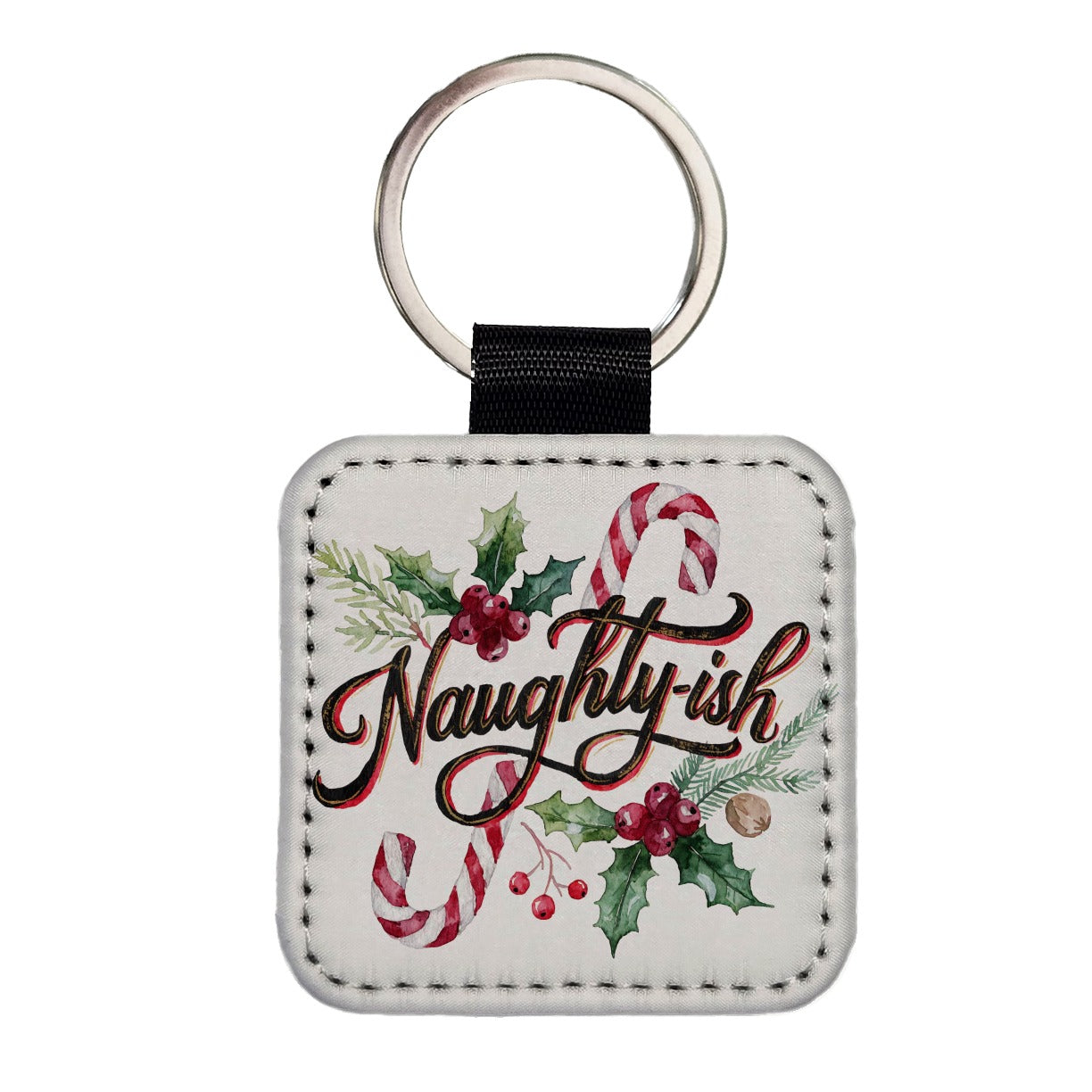 Naughty-Ish Christmas Funny Square Faux Leather Keychain