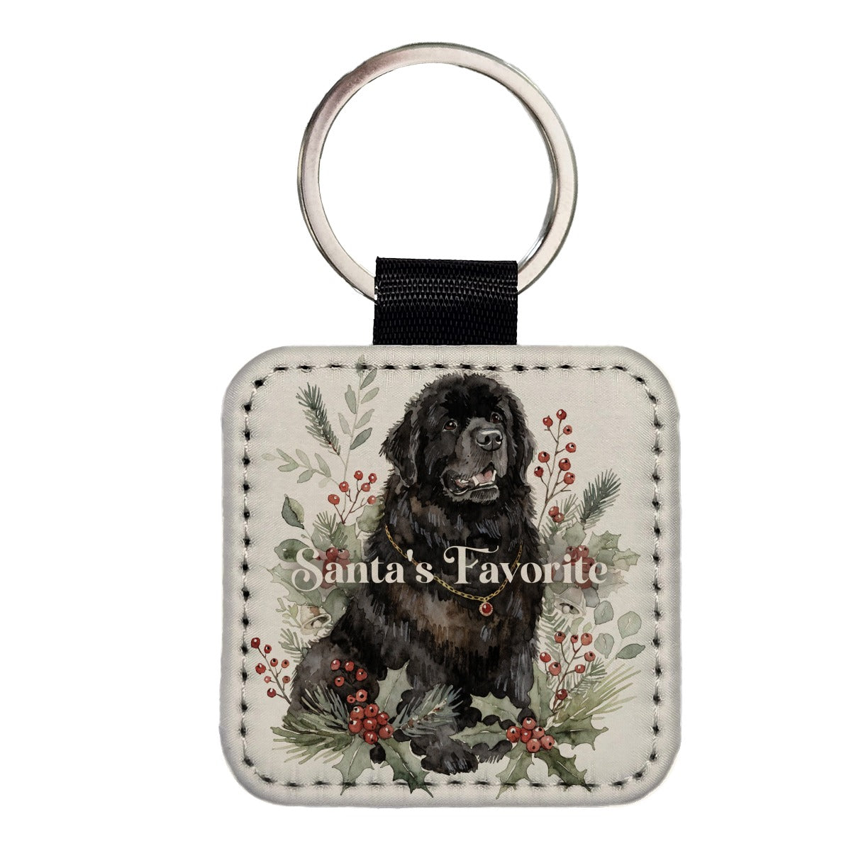Newfoundland Dog Christmas Santa's Favorite Square Faux Leather Keychain