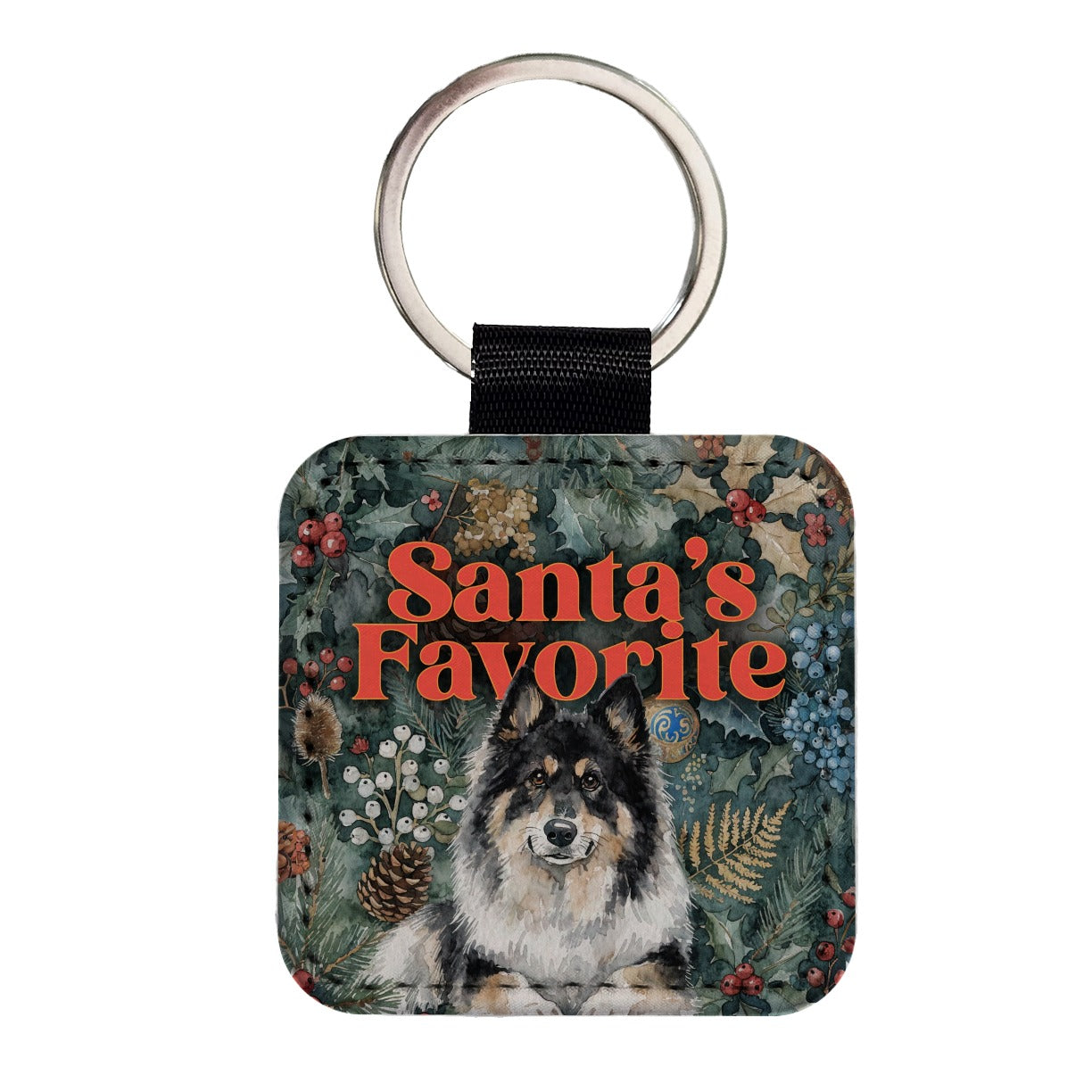 Norwegian Elkhound Dog Christmas Santa's Favorite Square Faux Leather Keychain