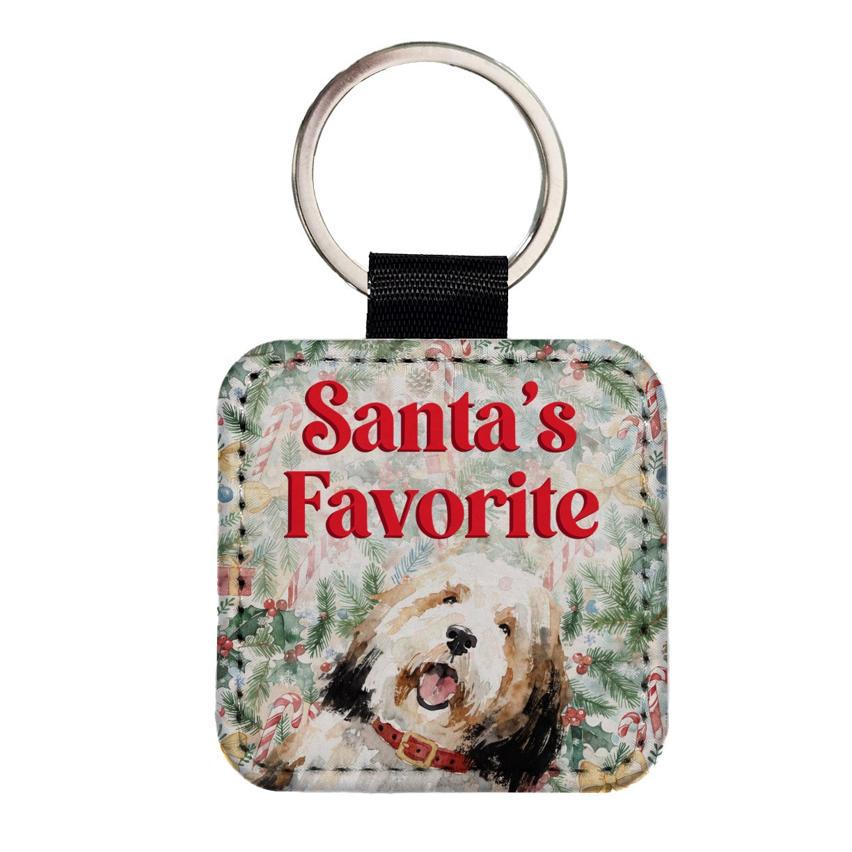 Old English Sheepdog Christmas Santa's Favorite Square Faux Leather Keychain