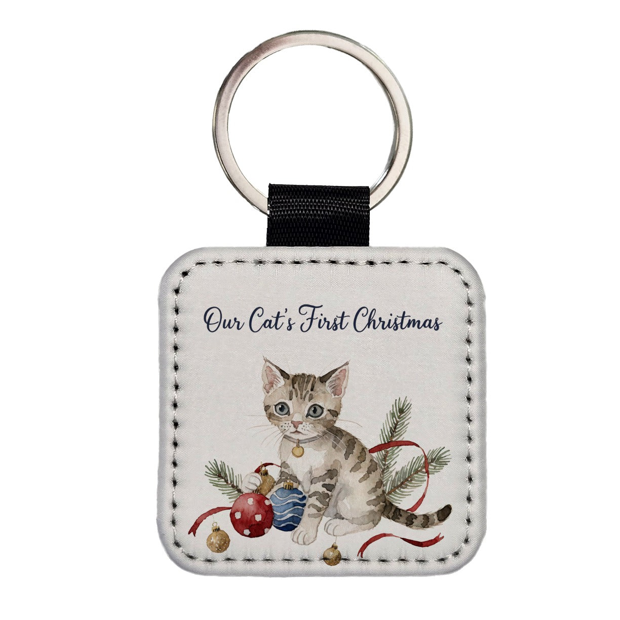Our Cat's First Christmas Cute Square Faux Leather Keychain